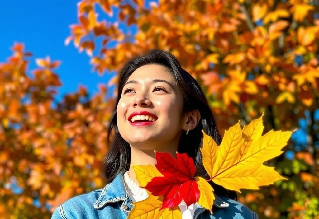 Osoba ciesząca się jesiennym słońcem, symbolizująca dobry nastrój