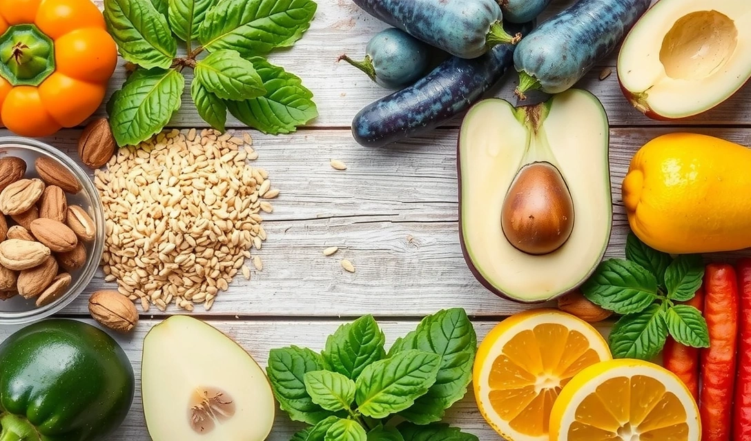 Zdrowa żywność i świeże warzywa na stole, symbolizujące odżywianie i witalność