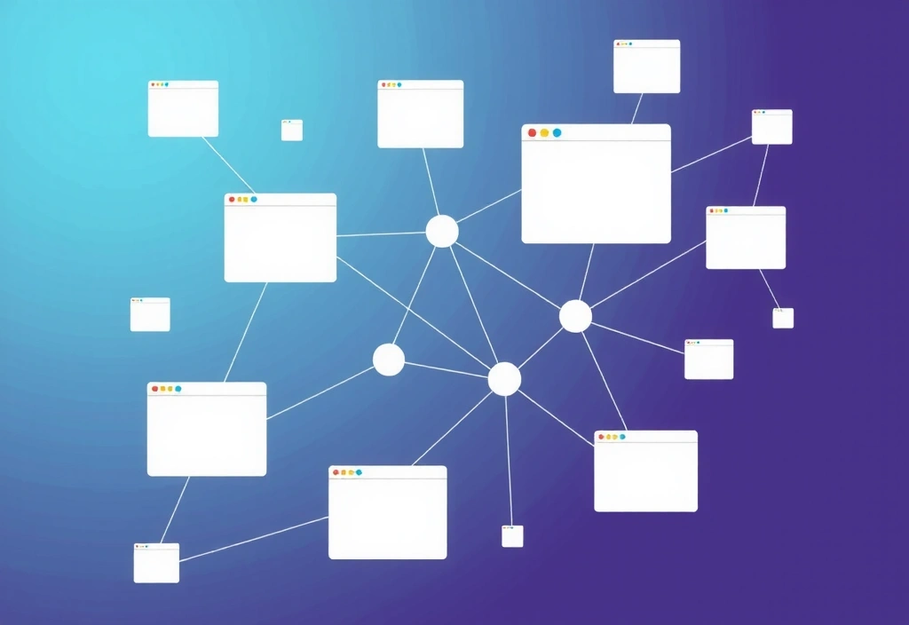 Ilustracja przedstawiająca sieć połączonych stron internetowych, symbolizującą linki zewnętrzne i interakcje online.