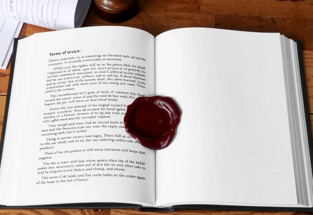 Ilustracja przedstawiająca otwartą księgę z ważnymi dokumentami i pieczęcią, symbolizującą warunki użytkowania i legalność.