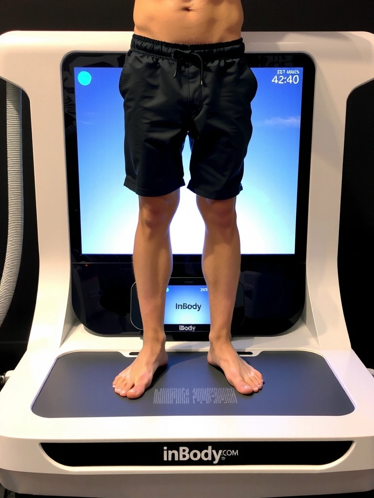 Osoba stoi boso na platformie urządzenia do analizy składu ciała InBody, z widocznym wyświetlaczem pokazującym wyniki.
