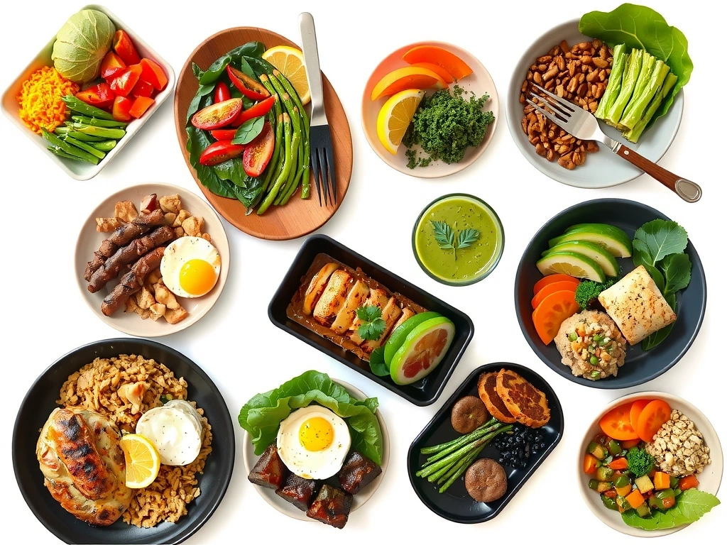 Różnorodne, kolorowe i zdrowe posiłki ułożone na talerzach, prezentujące zbilansowany plan żywieniowy.